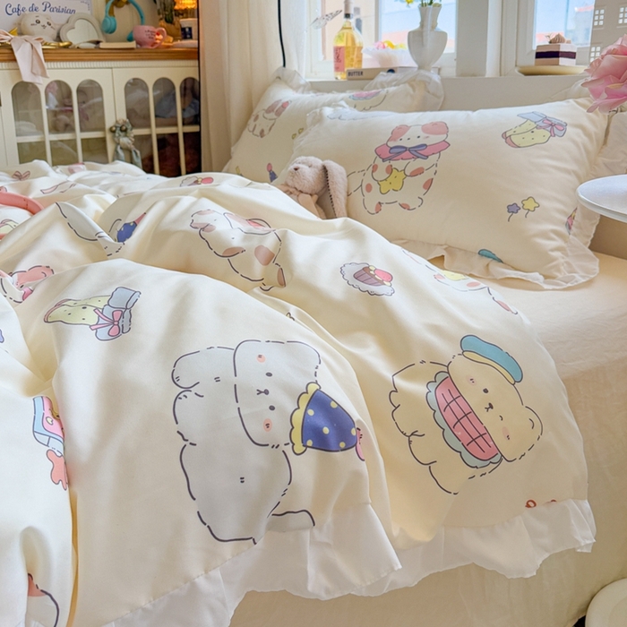 91家纺网 家纺一手货源 找家纺 慕澄家纺 2025新款小清新花边款水洗棉四件套-第二波 花边款-猫猫礼物