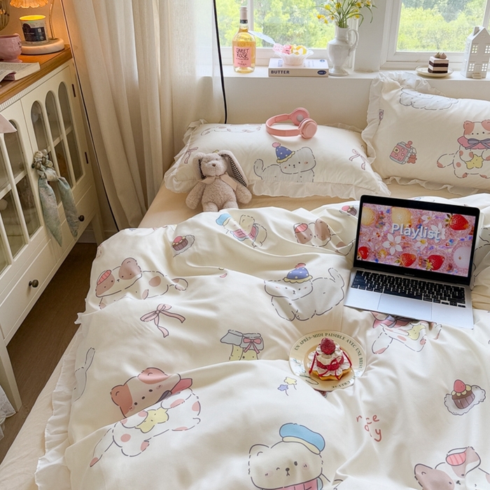 91家纺网 家纺一手货源 找家纺 慕澄家纺 2025新款小清新花边款水洗棉四件套-第二波 花边款-猫猫礼物