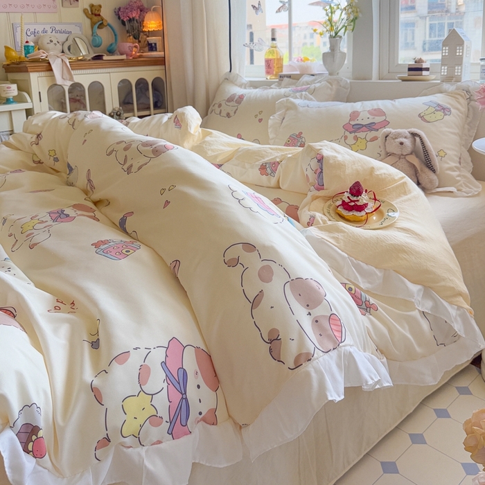 91家纺网 家纺一手货源 找家纺 慕澄家纺 2025新款小清新花边款水洗棉四件套-第二波 花边款-猫猫礼物