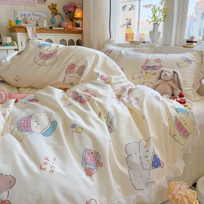 91家纺网 家纺一手货源 找家纺 慕澄家纺 2025新款小清新花边款水洗棉四件套-第二波 花边款-猫猫礼物