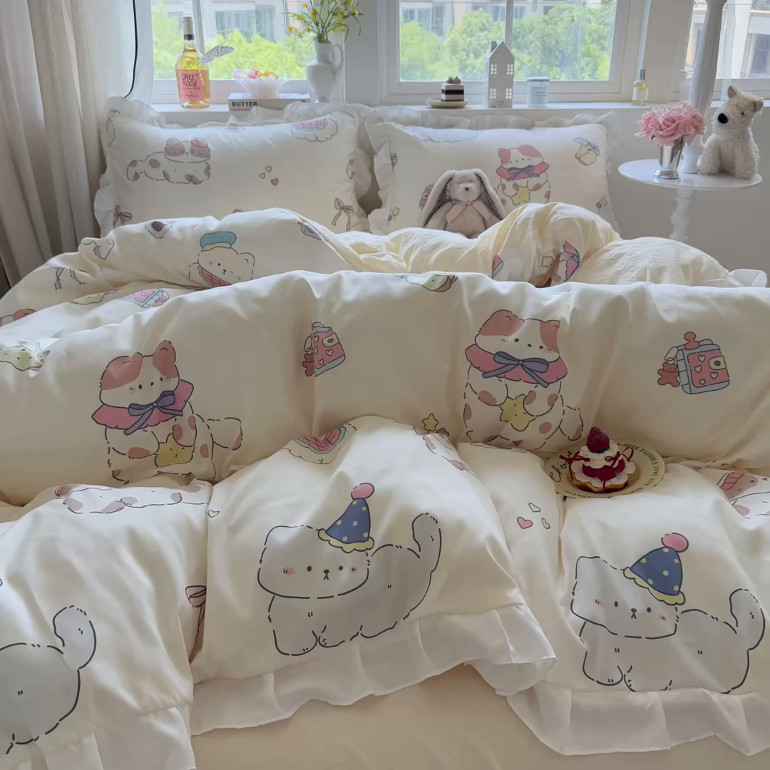 91家纺网 家纺一手货源 找家纺 慕澄家纺 2025新款小清新花边款水洗棉四件套-第二波 花边款-猫猫礼物