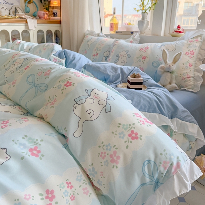 91家纺网 家纺一手货源 找家纺 慕澄家纺 2025新款小清新花边款水洗棉四件套-第二波 花边款-撒娇猫咪