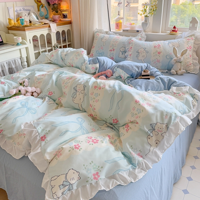 91家纺网 家纺一手货源 找家纺 慕澄家纺 2025新款小清新花边款水洗棉四件套-第二波 花边款-撒娇猫咪