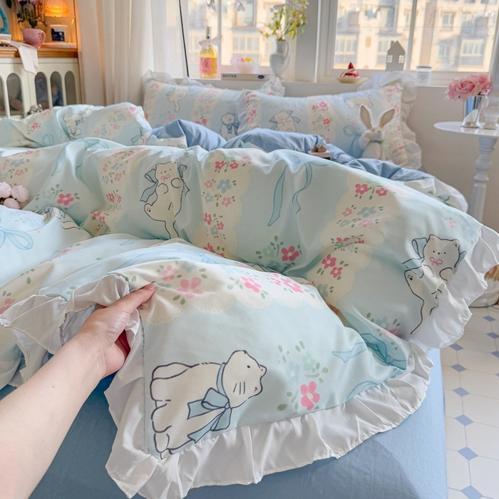 91家纺网 家纺一手货源 找家纺 慕澄家纺 2025新款小清新花边款水洗棉四件套-第二波 花边款-撒娇猫咪