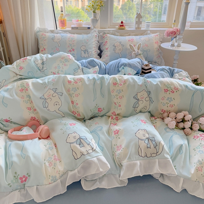 91家纺网 家纺一手货源 找家纺 慕澄家纺 2025新款小清新花边款水洗棉四件套-第二波 花边款-撒娇猫咪