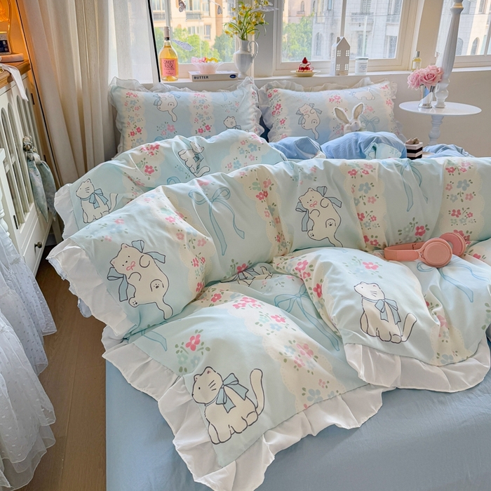 91家纺网 家纺一手货源 找家纺 慕澄家纺 2025新款小清新花边款水洗棉四件套-第二波 花边款-撒娇猫咪