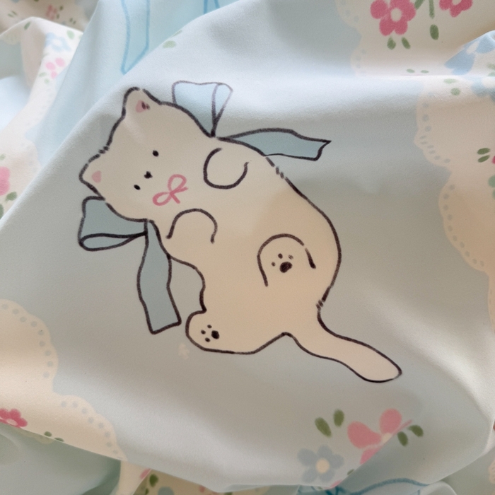 91家纺网 家纺一手货源 找家纺 慕澄家纺 2025新款小清新花边款水洗棉四件套-第二波 花边款-撒娇猫咪