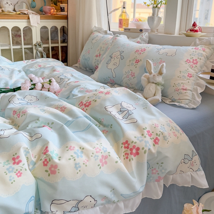 91家纺网 家纺一手货源 找家纺 慕澄家纺 2025新款小清新花边款水洗棉四件套-第二波 花边款-撒娇猫咪