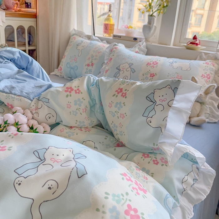 91家纺网 家纺一手货源 找家纺 慕澄家纺 2025新款小清新花边款水洗棉四件套-第二波 花边款-撒娇猫咪