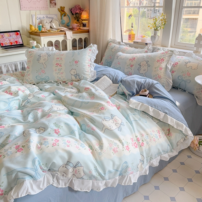 91家纺网 家纺一手货源 找家纺 慕澄家纺 2025新款小清新花边款水洗棉四件套-第二波 花边款-撒娇猫咪