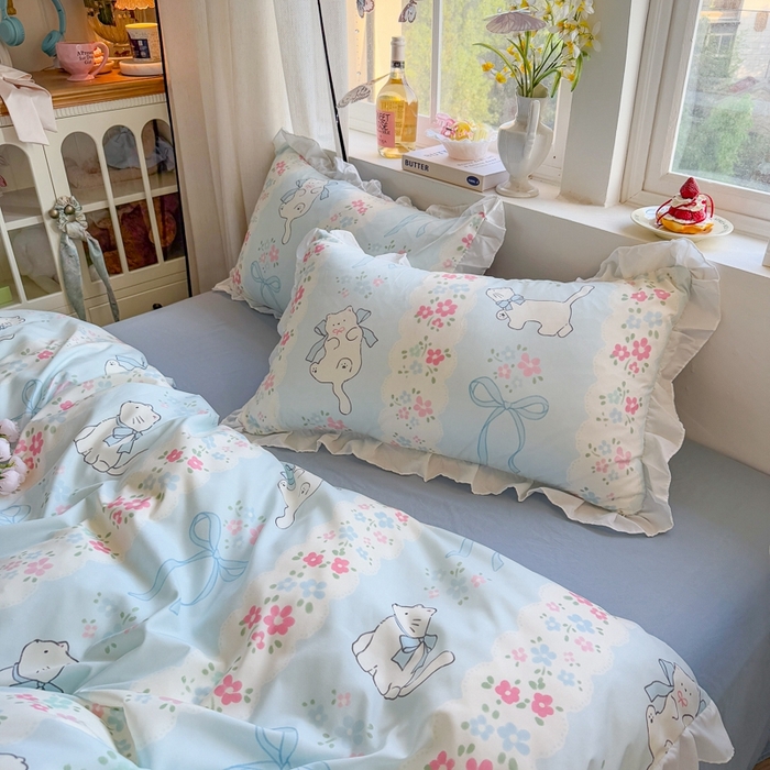 91家纺网 家纺一手货源 找家纺 慕澄家纺 2025新款小清新花边款水洗棉四件套-第二波 花边款-撒娇猫咪