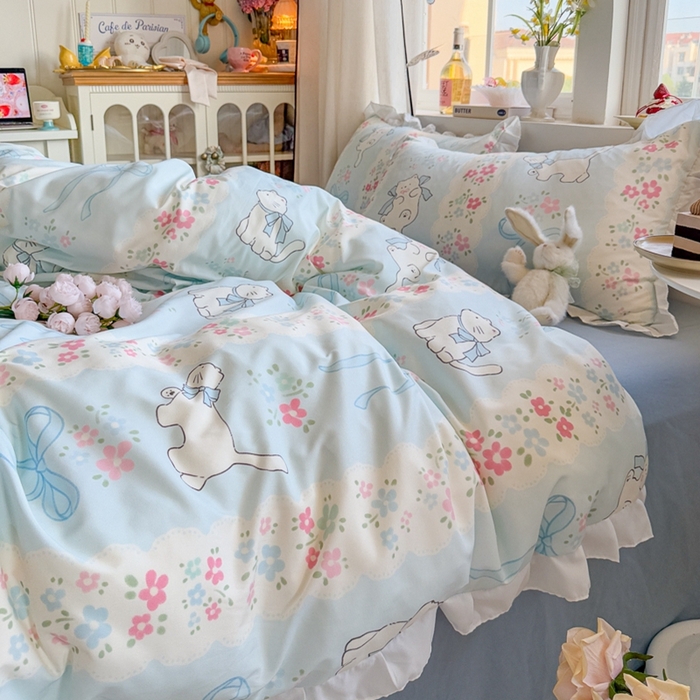 91家纺网 家纺一手货源 找家纺 慕澄家纺 2025新款小清新花边款水洗棉四件套-第二波 花边款-撒娇猫咪