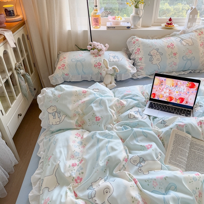 91家纺网 家纺一手货源 找家纺 慕澄家纺 2025新款小清新花边款水洗棉四件套-第二波 花边款-撒娇猫咪