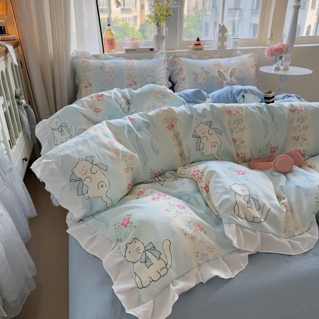91家纺网 家纺一手货源 找家纺 慕澄家纺 2025新款小清新花边款水洗棉四件套-第二波 花边款-撒娇猫咪