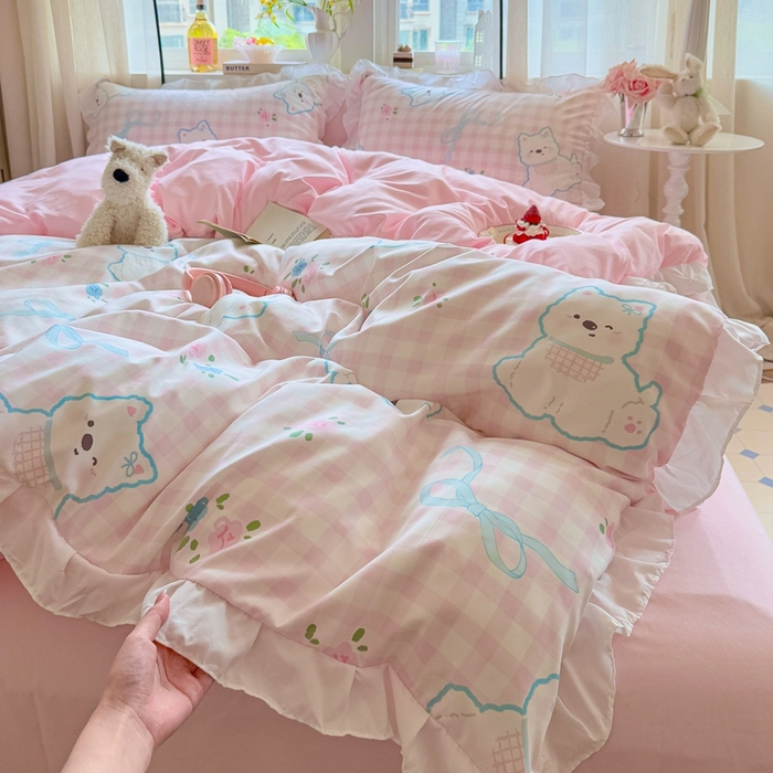 91家纺网 家纺一手货源 找家纺 慕澄家纺 2025新款小清新花边款水洗棉四件套-第二波 花边款-西高地