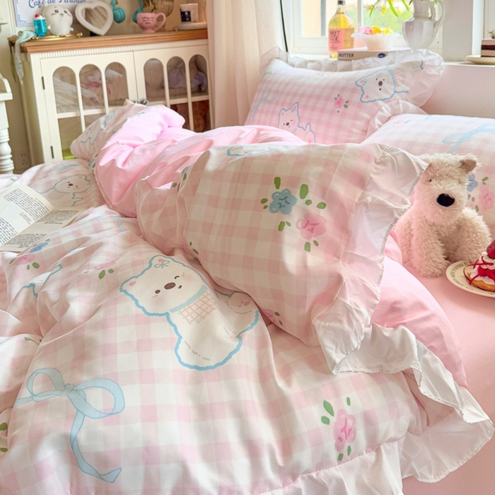 91家纺网 家纺一手货源 找家纺 慕澄家纺 2025新款小清新花边款水洗棉四件套-第二波 花边款-西高地