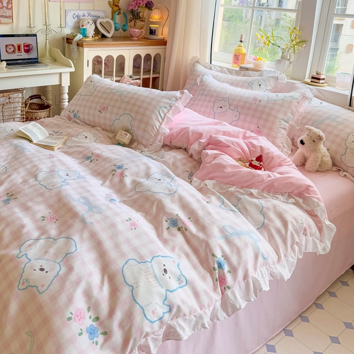 91家纺网 家纺一手货源 找家纺 慕澄家纺 2025新款小清新花边款水洗棉四件套-第二波 花边款-西高地