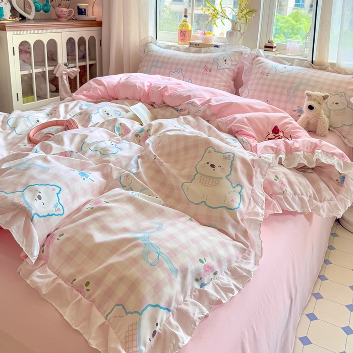 91家纺网 家纺一手货源 找家纺 慕澄家纺 2025新款小清新花边款水洗棉四件套-第二波 花边款-西高地