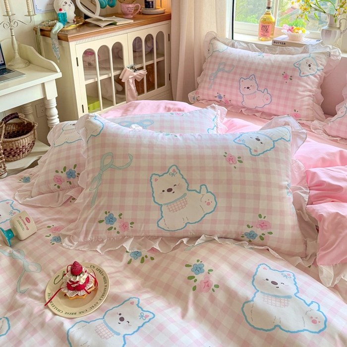 91家纺网 家纺一手货源 找家纺 慕澄家纺 2025新款小清新花边款水洗棉四件套-第二波 花边款-西高地