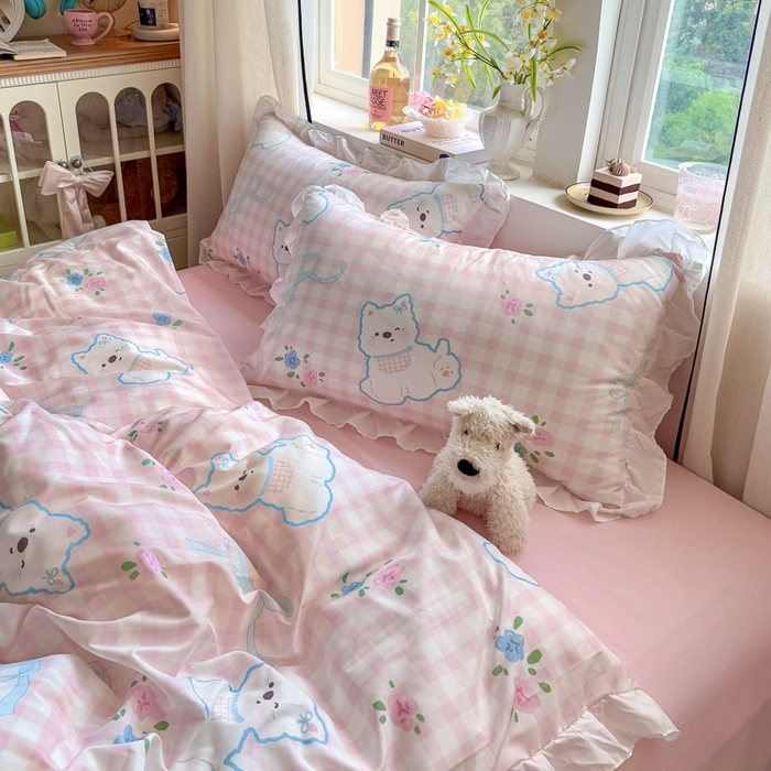 91家纺网 家纺一手货源 找家纺 慕澄家纺 2025新款小清新花边款水洗棉四件套-第二波 花边款-西高地