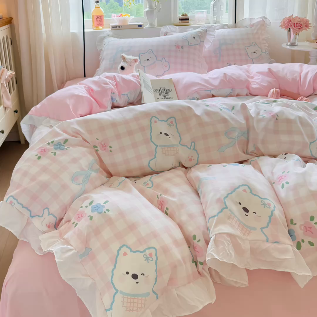 91家纺网 家纺一手货源 找家纺 慕澄家纺 2025新款小清新花边款水洗棉四件套-第二波 花边款-西高地