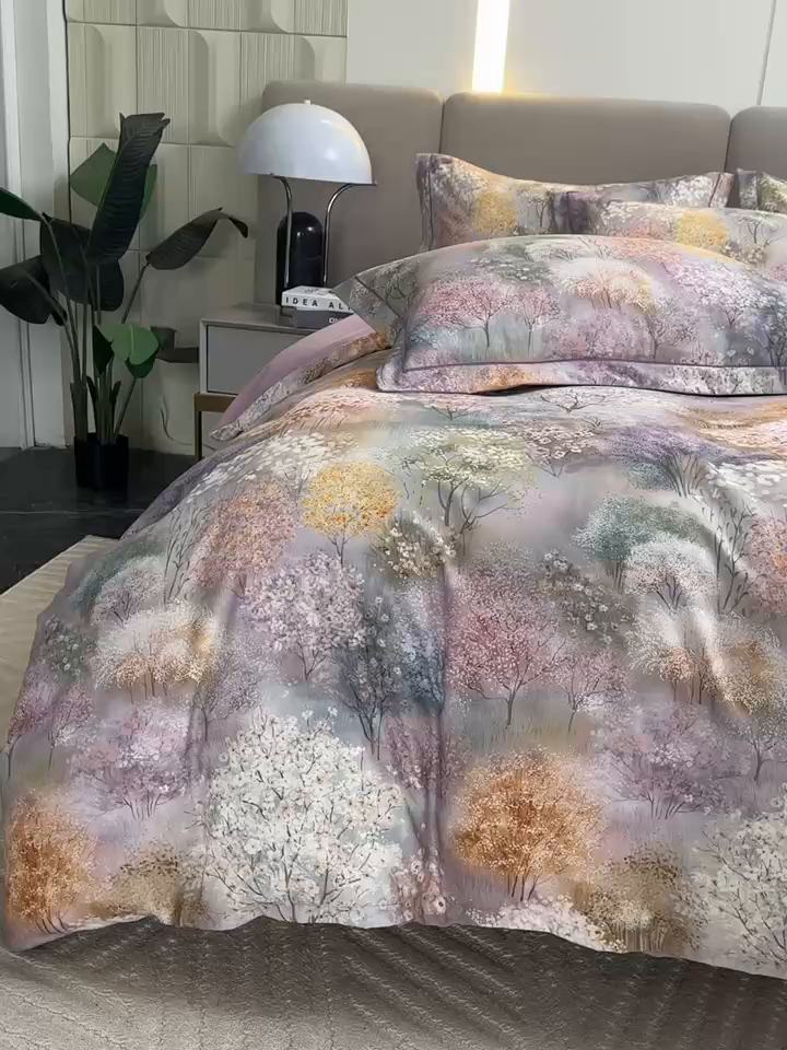 91家纺网 家纺一手货源 找家纺 金纱玉纺 2025数码印花加厚四件套 琼林玉树-紫