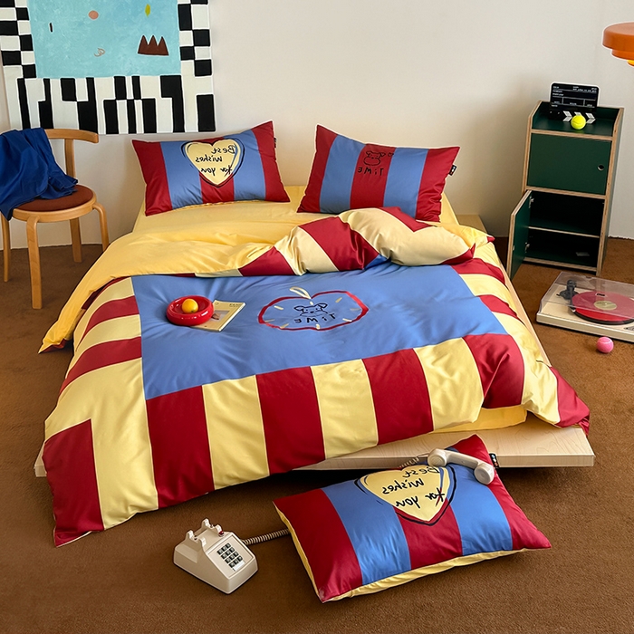 91家纺网 家纺一手货源 找家纺 RYB红黄兰 2025新款孟菲斯系列60s长绒棉刺绣全棉数码印花四件套 蒙德里安小狗