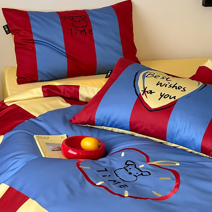 91家纺网 家纺一手货源 找家纺 RYB红黄兰 2025新款孟菲斯系列60s长绒棉刺绣全棉数码印花四件套 蒙德里安小狗