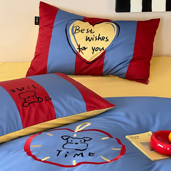 91家纺网 家纺一手货源 找家纺 RYB红黄兰 2025新款孟菲斯系列60s长绒棉刺绣全棉数码印花四件套 蒙德里安小狗