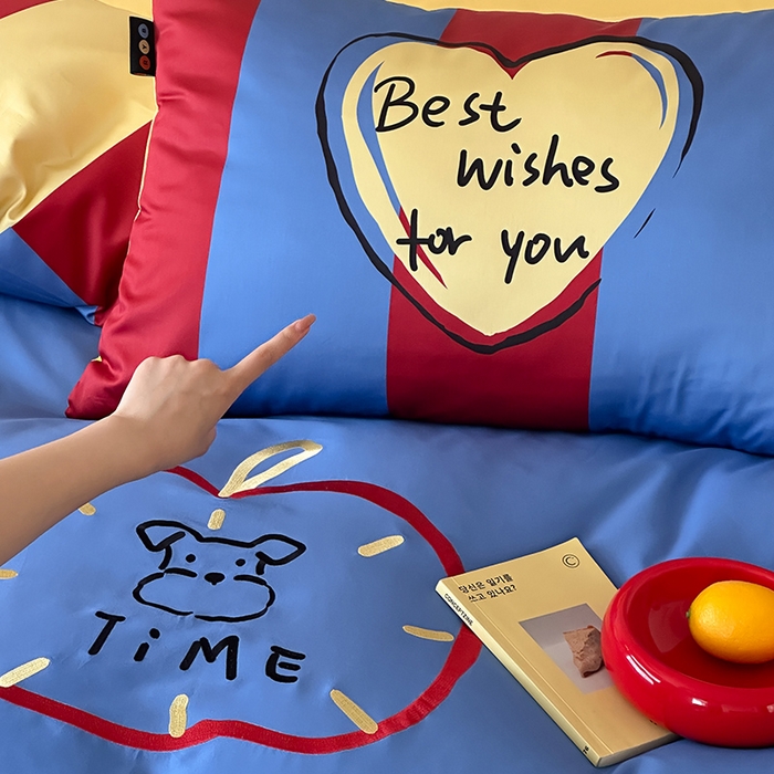 91家纺网 家纺一手货源 找家纺 RYB红黄兰 2025新款孟菲斯系列60s长绒棉刺绣全棉数码印花四件套 蒙德里安小狗