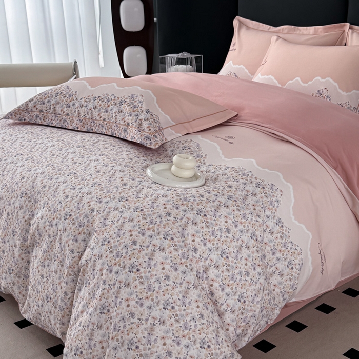 91家纺网 家纺一手货源 找家纺 艾迪尚家纺 2025新款云感超柔全棉磨毛印花四件套系列 夕月-粉