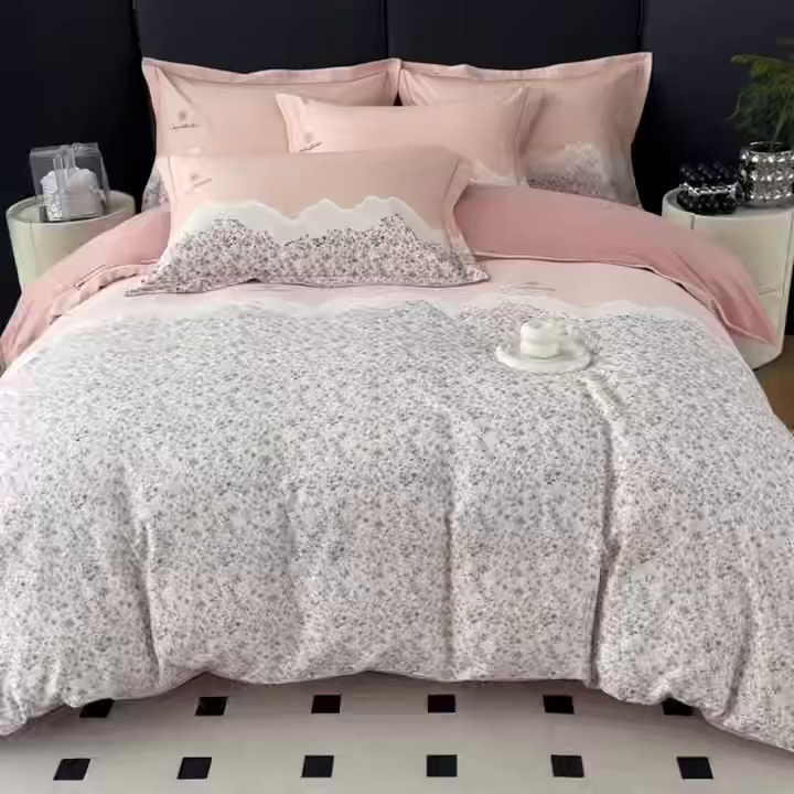 91家纺网 家纺一手货源 找家纺 艾迪尚家纺 2025新款云感超柔全棉磨毛印花四件套系列 夕月-粉