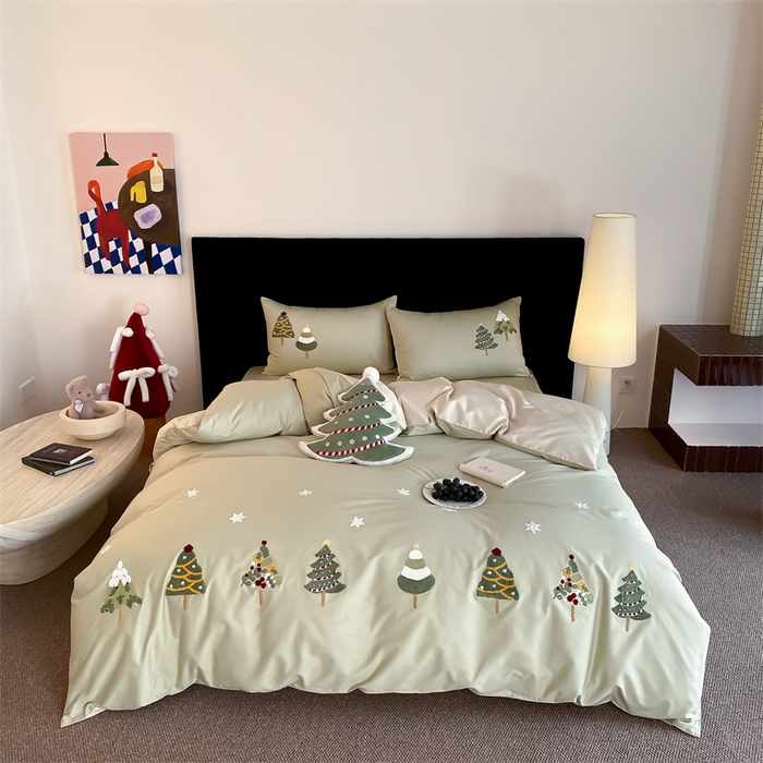 91家纺网 家纺一手货源 找家纺 初拾 2025新款100s澳棉毛巾绣四件套-星落圣诞 星落圣诞—青青绿