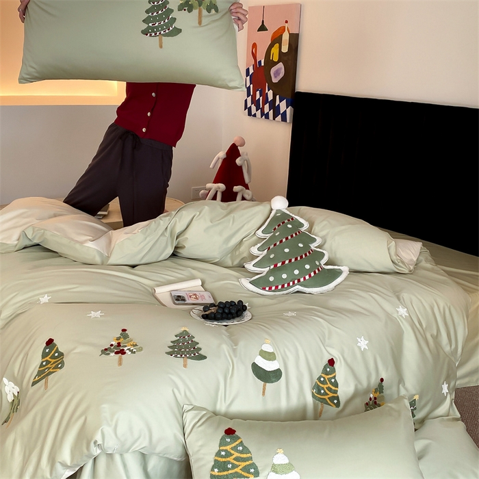 91家纺网 家纺一手货源 找家纺 初拾 2025新款100s澳棉毛巾绣四件套-星落圣诞 星落圣诞—青青绿