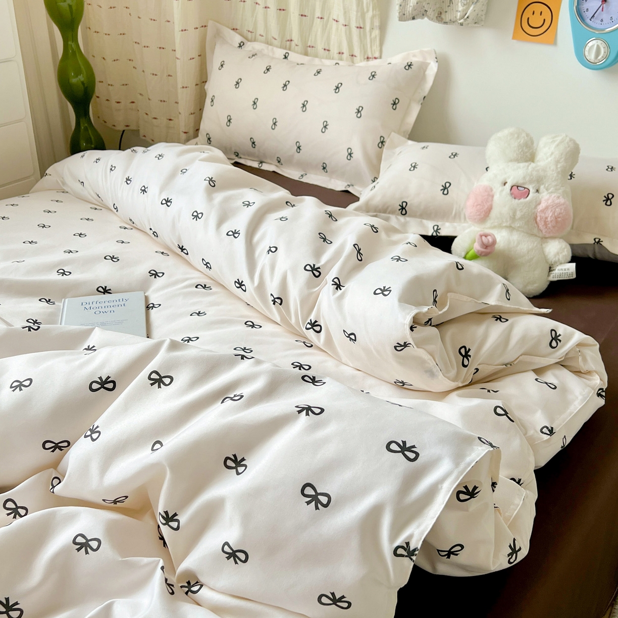 91家纺网 家纺一手货源 找家纺 楠沐家纺 2025新款格子系列芦荟棉四件套 黑蝴蝶结