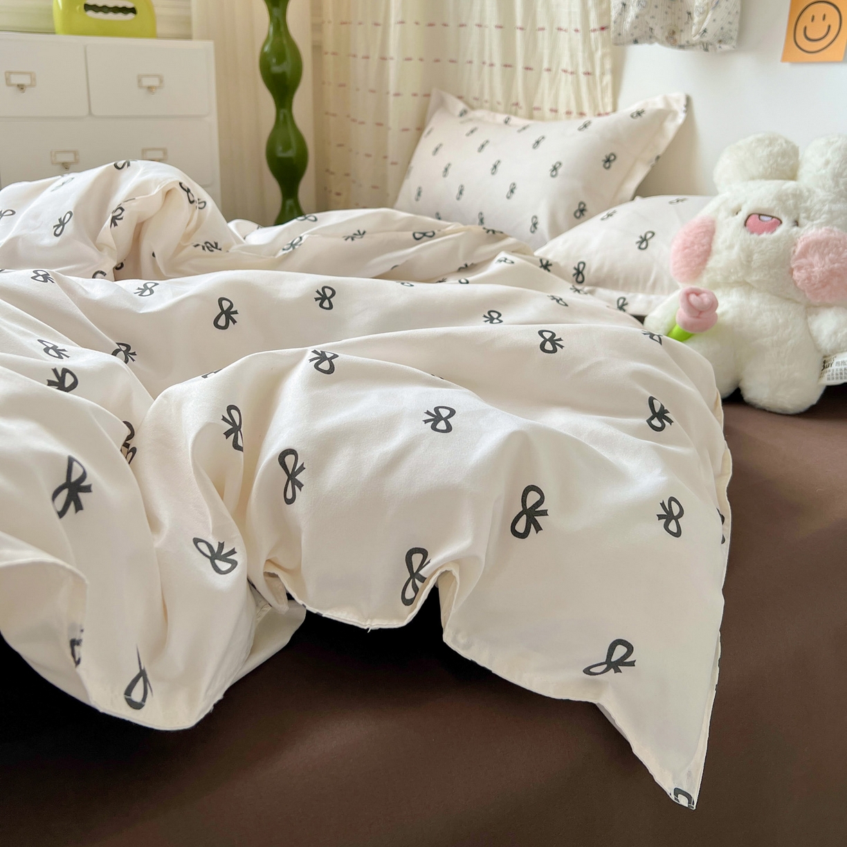 91家纺网 家纺一手货源 找家纺 楠沐家纺 2025新款格子系列芦荟棉四件套 黑蝴蝶结