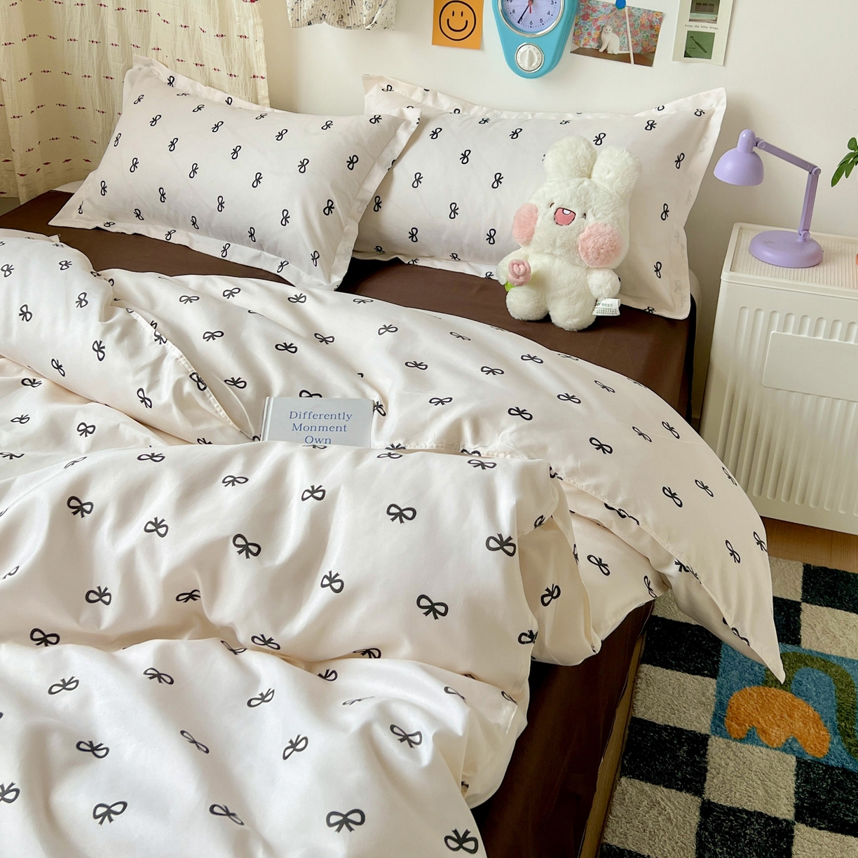 91家纺网 家纺一手货源 找家纺 楠沐家纺 2025新款格子系列芦荟棉四件套 黑蝴蝶结