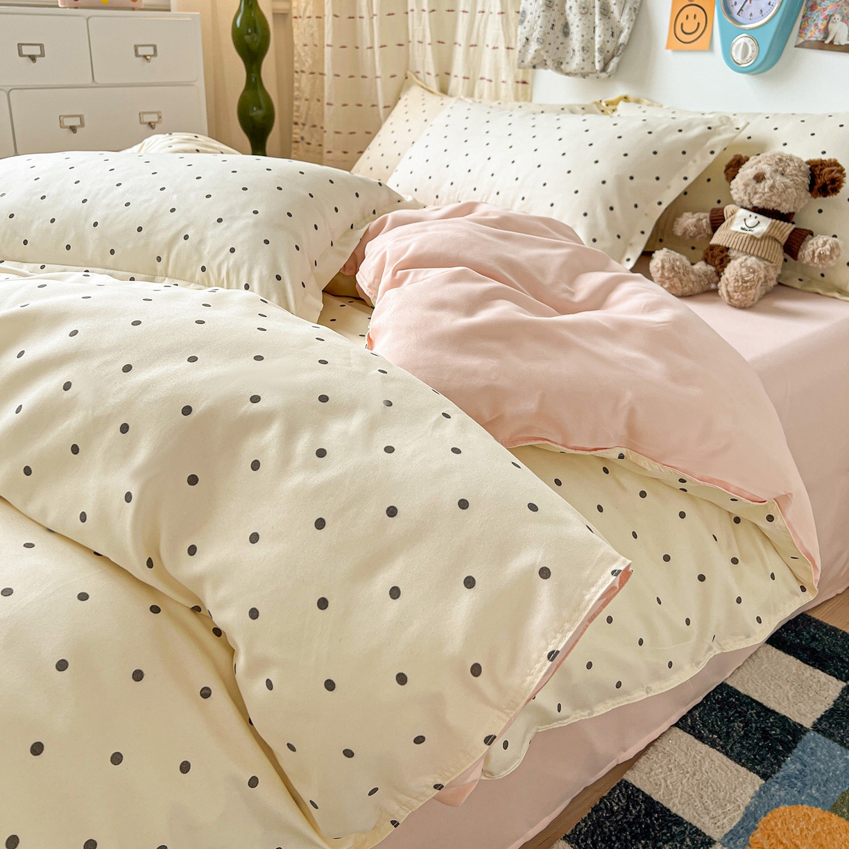 91家纺网 家纺一手货源 找家纺 楠沐家纺 2025新款格子系列芦荟棉四件套 粉色波点