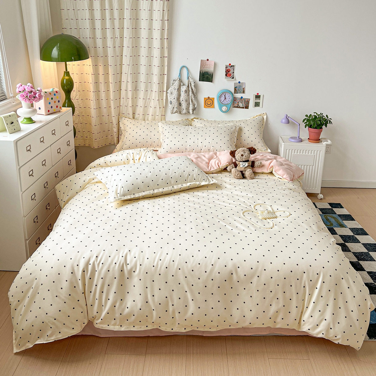 91家纺网 家纺一手货源 找家纺 楠沐家纺 2025新款格子系列芦荟棉四件套 粉色波点