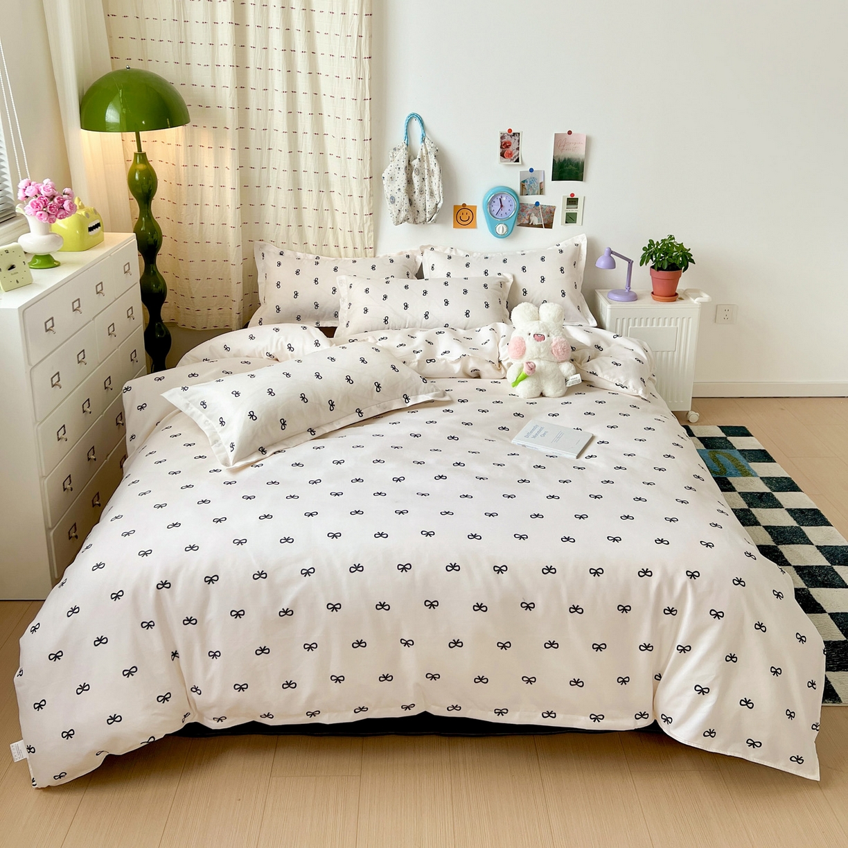 91家纺网 家纺一手货源 找家纺 楠沐家纺 2025新款格子系列芦荟棉四件套 黑蝴蝶结