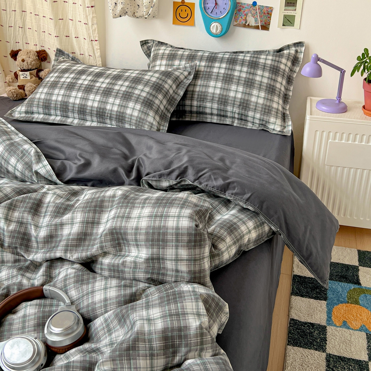 91家纺网 家纺一手货源 找家纺 楠沐家纺 2025新款格子系列芦荟棉四件套 洛可可灰