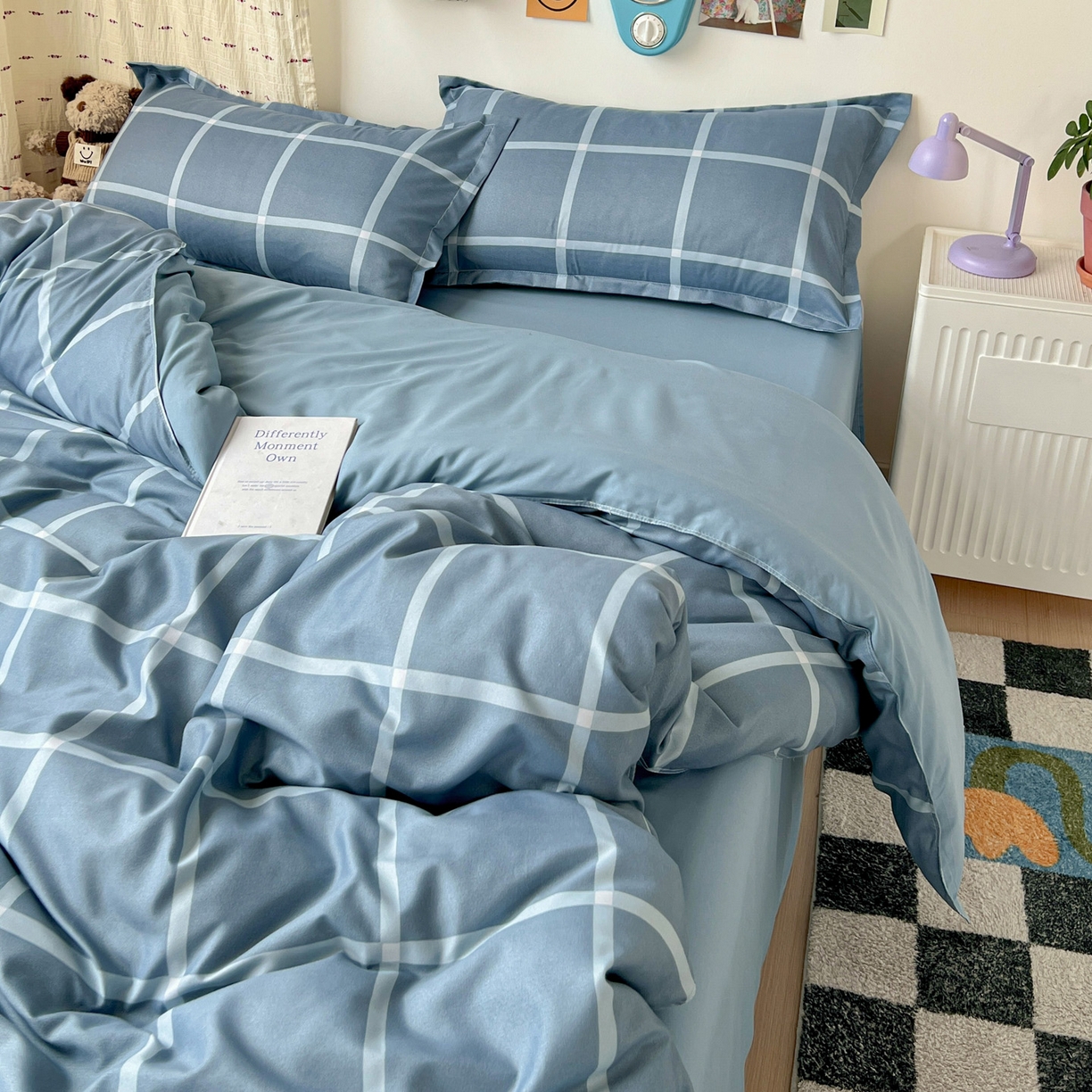 91家纺网 家纺一手货源 找家纺 楠沐家纺 2025新款格子系列芦荟棉四件套 海蓝大格