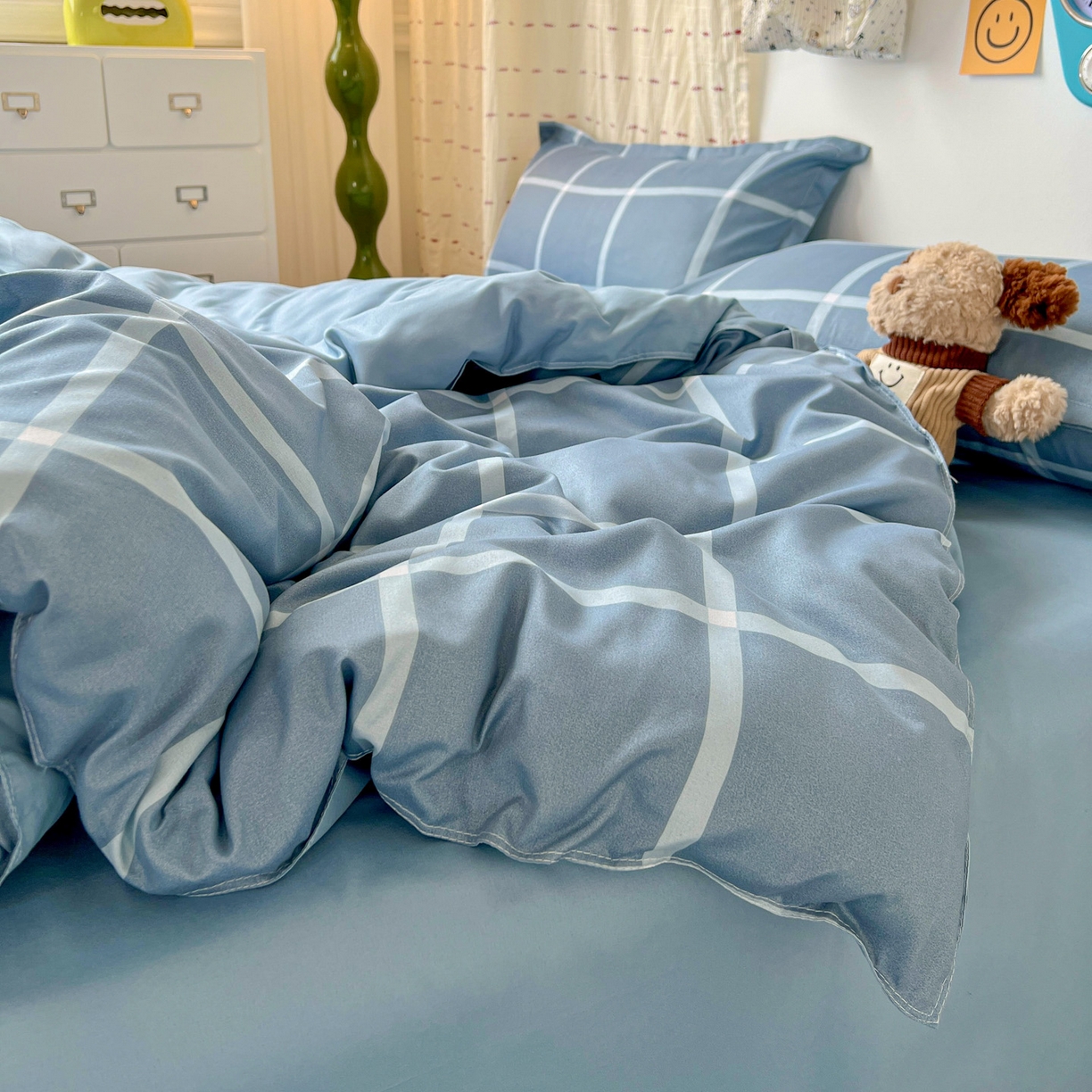 91家纺网 家纺一手货源 找家纺 楠沐家纺 2025新款格子系列亲肤芦荟棉磨毛单被套 海蓝大格
