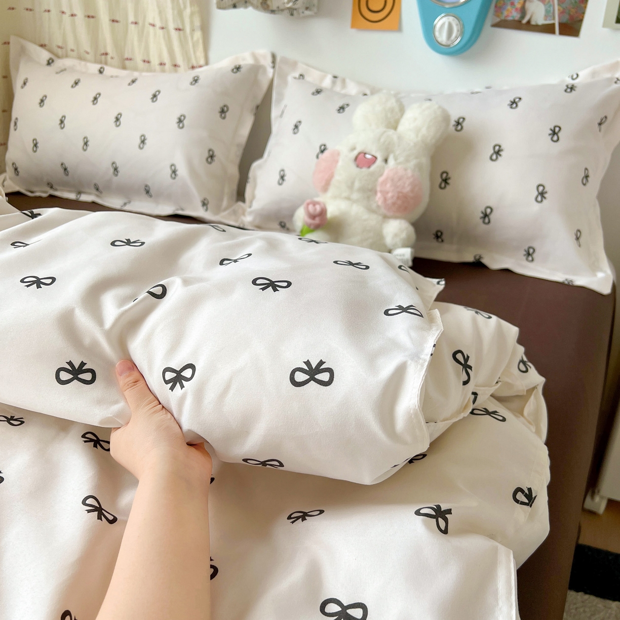 91家纺网 家纺一手货源 找家纺 楠沐家纺 2025新款格子系列亲肤芦荟棉磨毛单被套 黑蝴蝶结