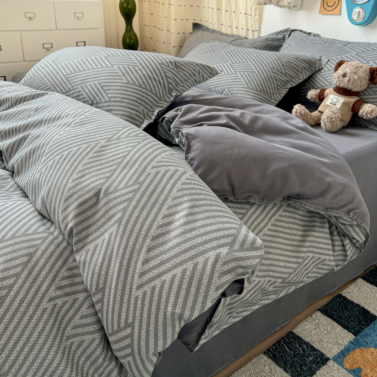 91家纺网 家纺一手货源 找家纺 楠沐家纺 2025新款格子系列亲肤芦荟棉磨毛单被套 勒夫