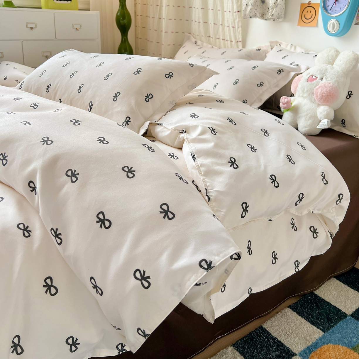 楠沐家纺 2025新款格子系列亲肤芦荟棉磨毛单被套 黑蝴蝶结