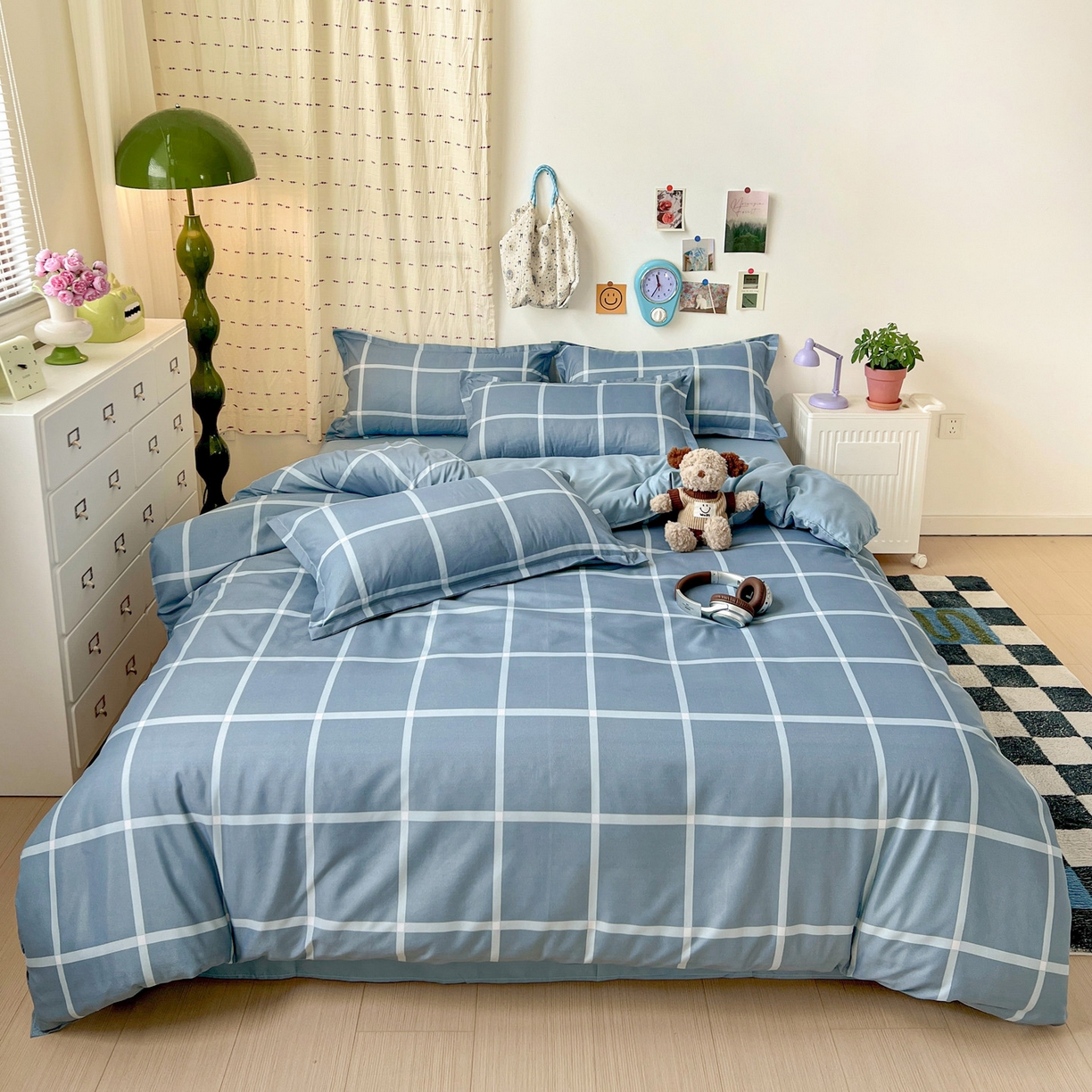 91家纺网 家纺一手货源 找家纺 楠沐家纺 2025新款格子系列亲肤芦荟棉磨毛单被套 海蓝大格