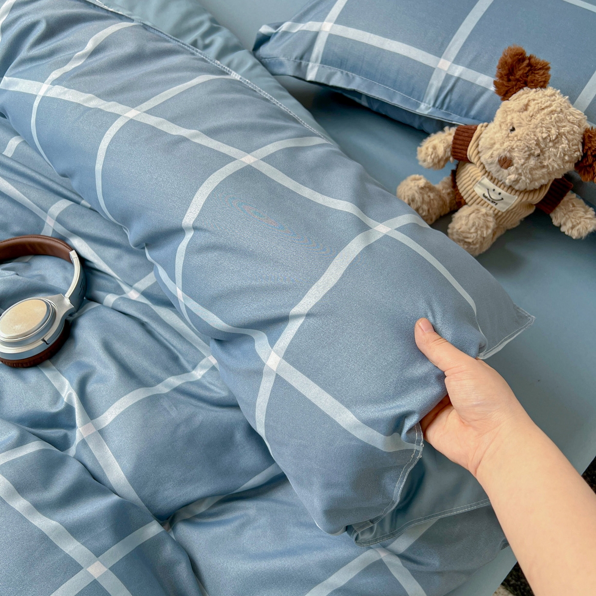 91家纺网 家纺一手货源 找家纺 楠沐家纺 2025新款格子系列亲肤芦荟棉磨毛单被套 海蓝大格