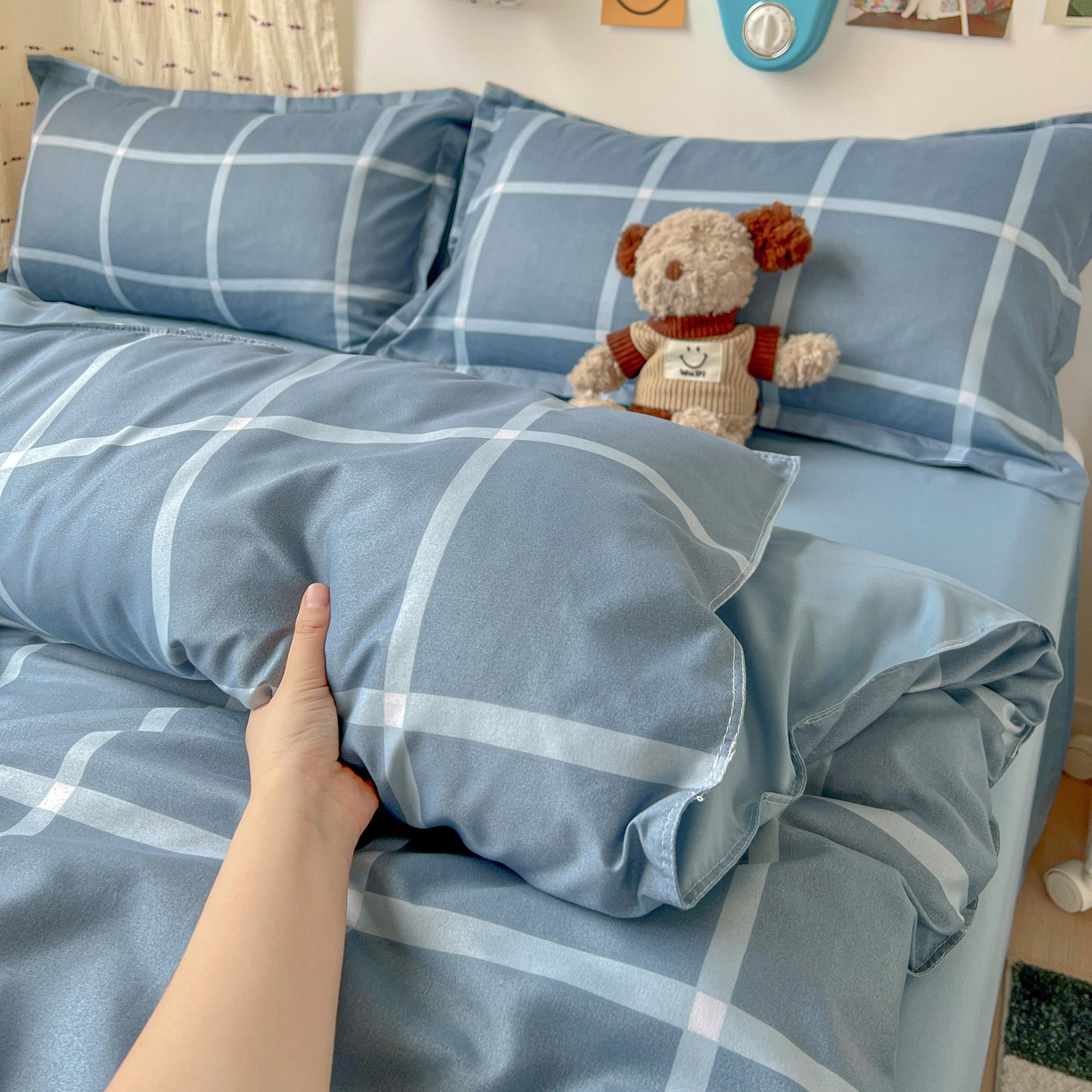 91家纺网 家纺一手货源 找家纺 楠沐家纺 2025新款格子系列亲肤芦荟棉磨毛单被套 海蓝大格