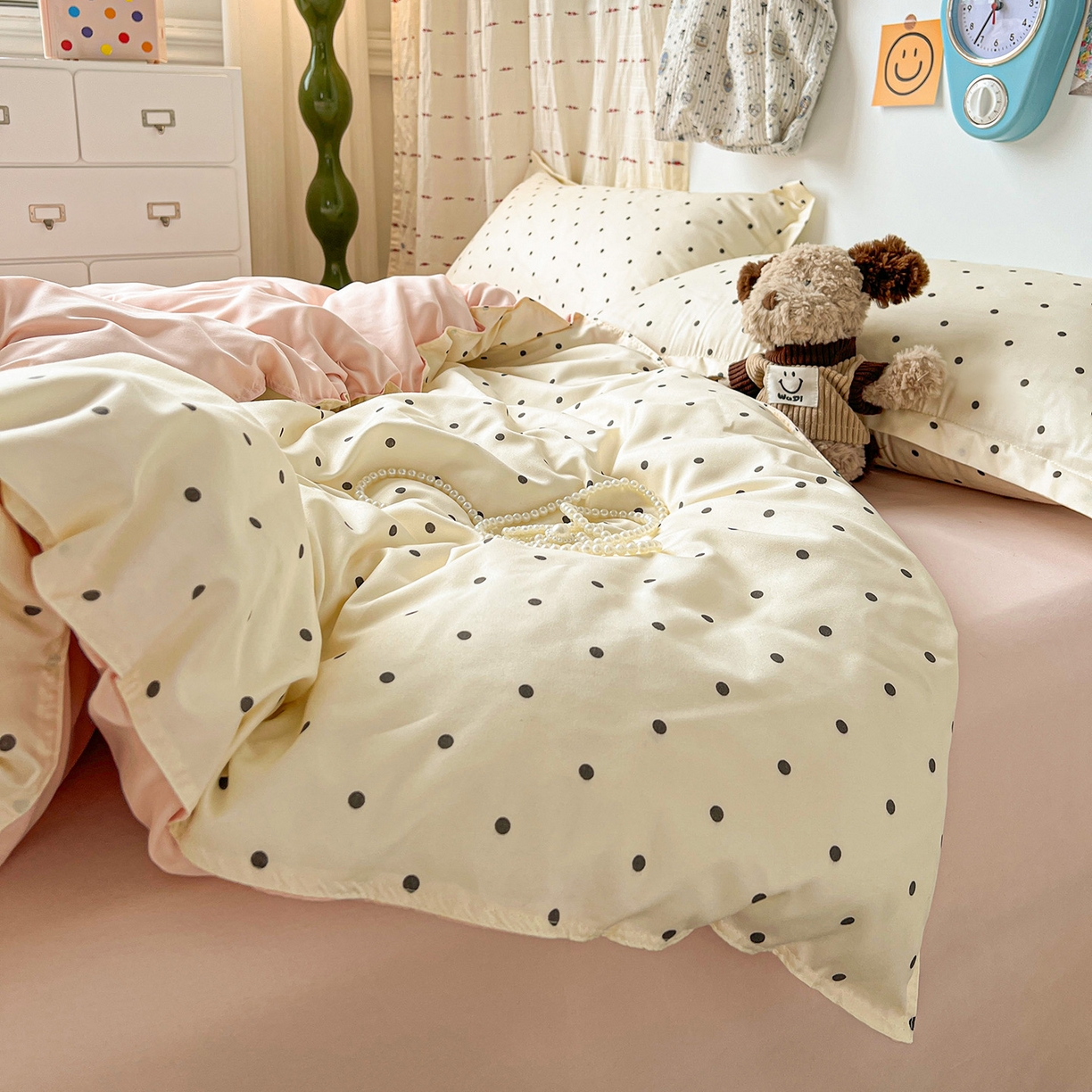 91家纺网 家纺一手货源 找家纺 楠沐家纺 2025新款格子系列亲肤芦荟棉磨毛单被套 粉色波点